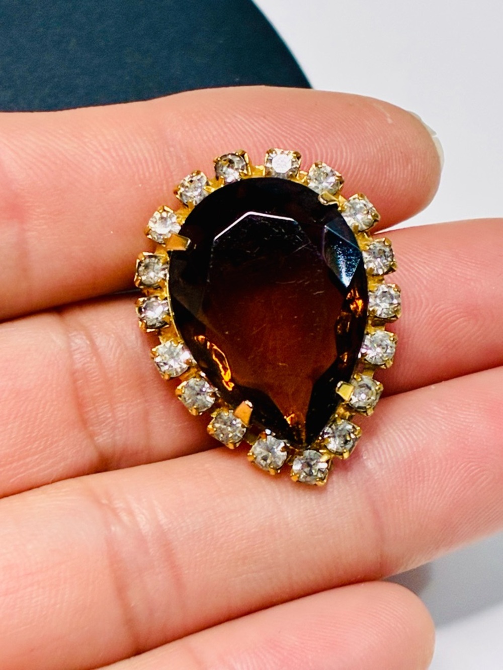 Nordstrom 80s Gold-Tone Brooch with Brown Teardrop Stone and Clear Crystals
